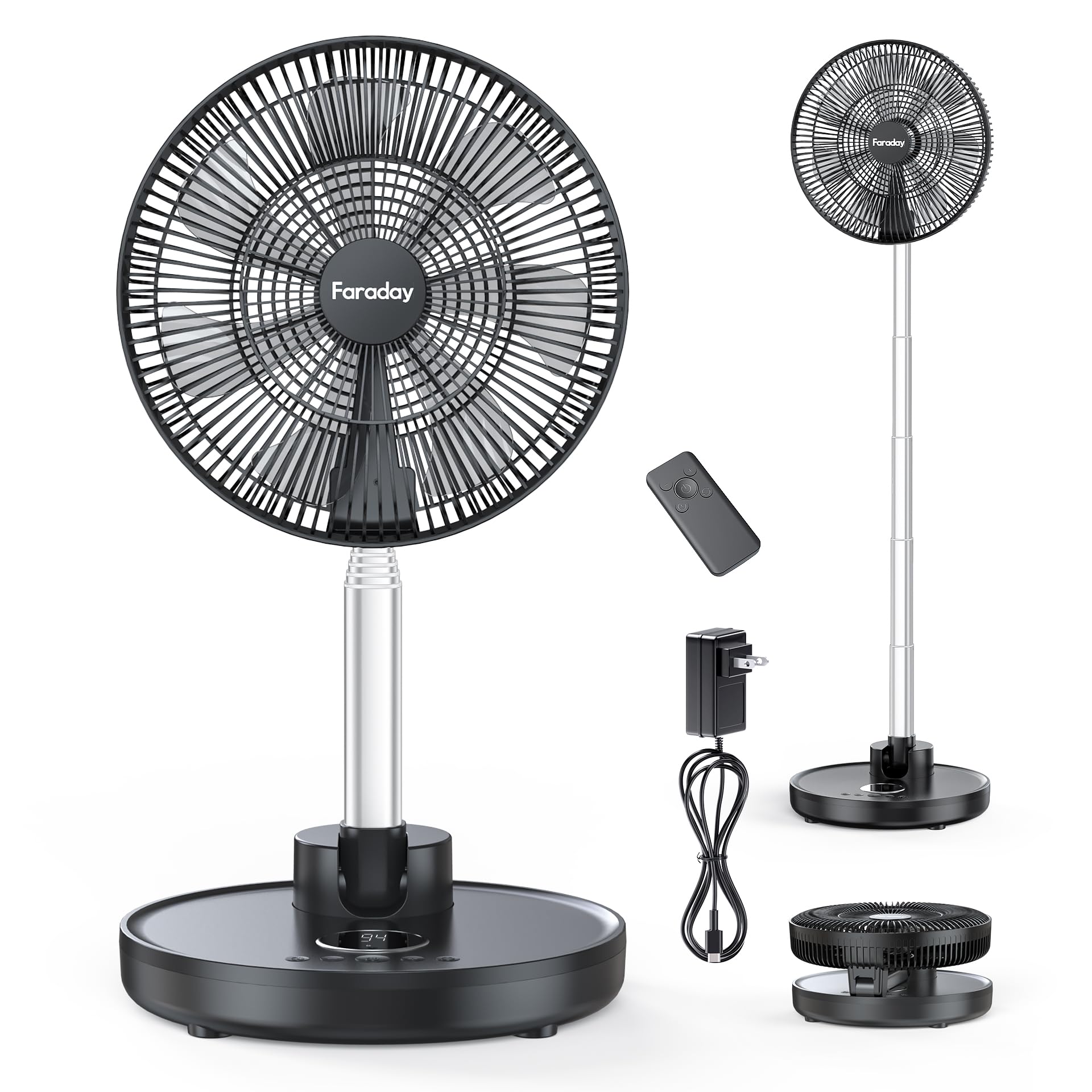 Faraday Oscillating Standing Fan 12    Foldable Portable Quiet Floor Fan 12000Mah Rechargeable Pedestal Fan With Remote, Timer S